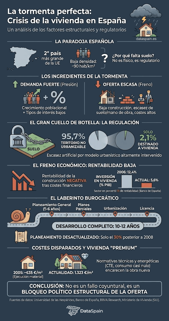 Infografía de la crisis de la vivienda en España: Causas reales y bloqueo del suelo