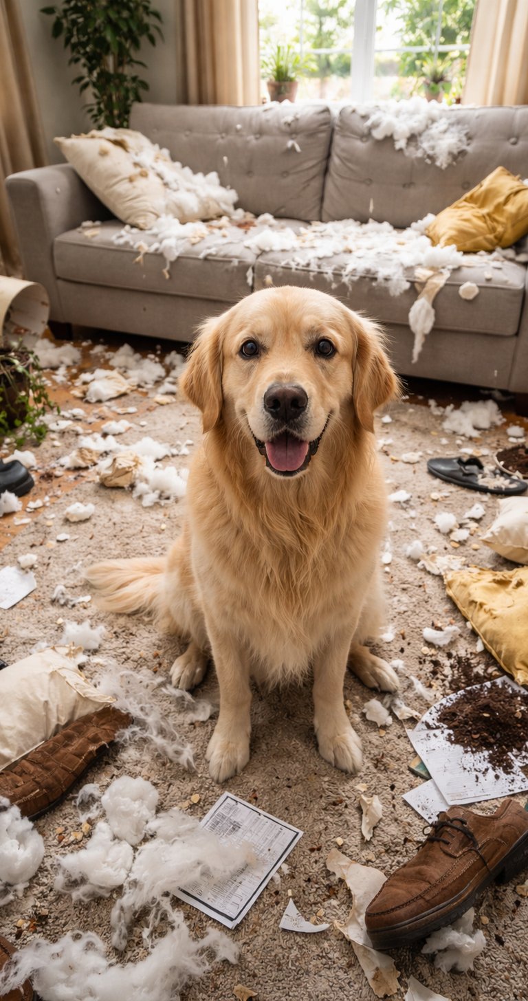 hond alleen thuis en de bank en kussens kapot gemaakt