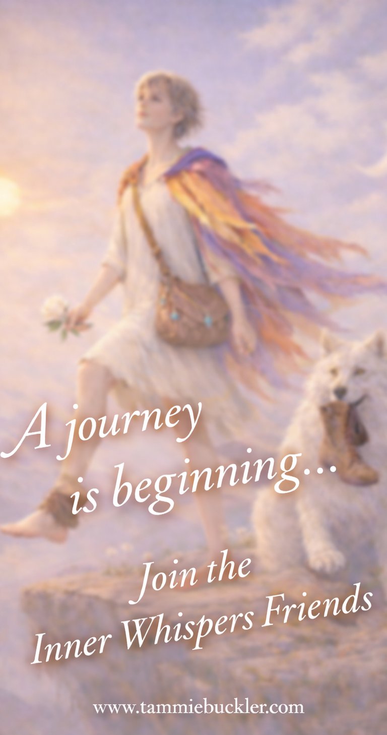 Fantasy art of a woman walking with a white wolf at sunrise, titled A journey is beginning.
