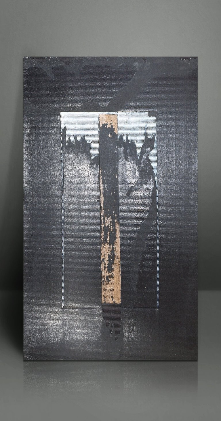 Abstract contemporary mixed media art on dark canvas with textured black paint and central wooden element.