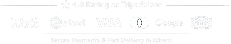 Logos for Wolt, efood, Visa, Mastercard, and Google showing secure payments and 4.8 TripAdvisor rating in Athens.