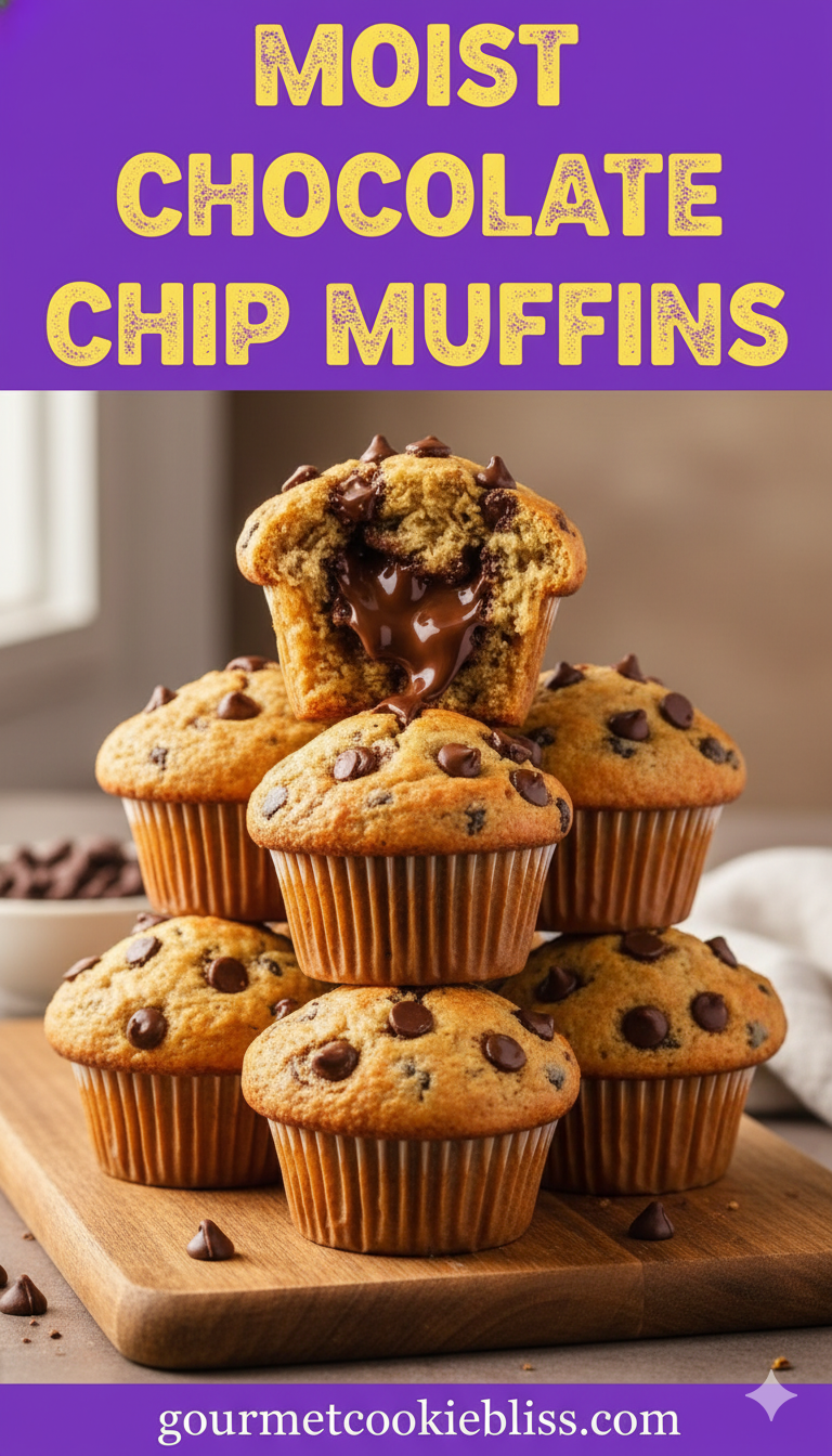 a towering pyramid of six perfectly baked chocolate chip muffins on a wooden board.