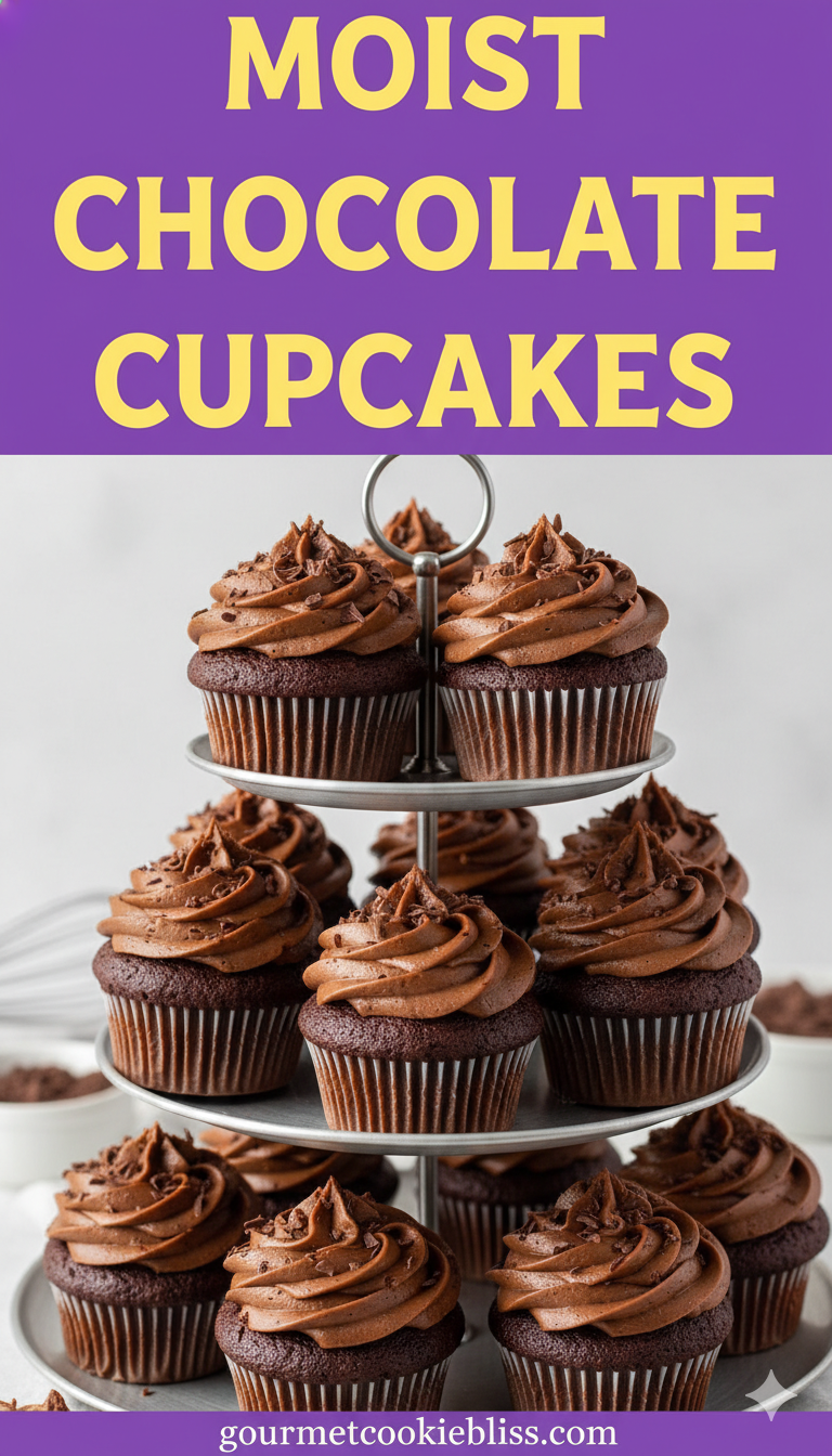 A three-tiered silver stand overflowing with moist chocolate cupcakes, each topped with dark chocola