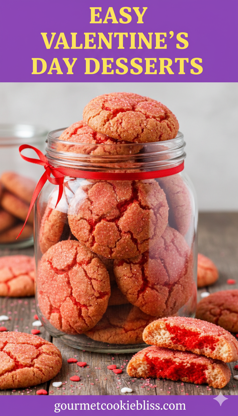 A clear jar filled with red sugar cookies, tied with a red ribbon, with some scattered around