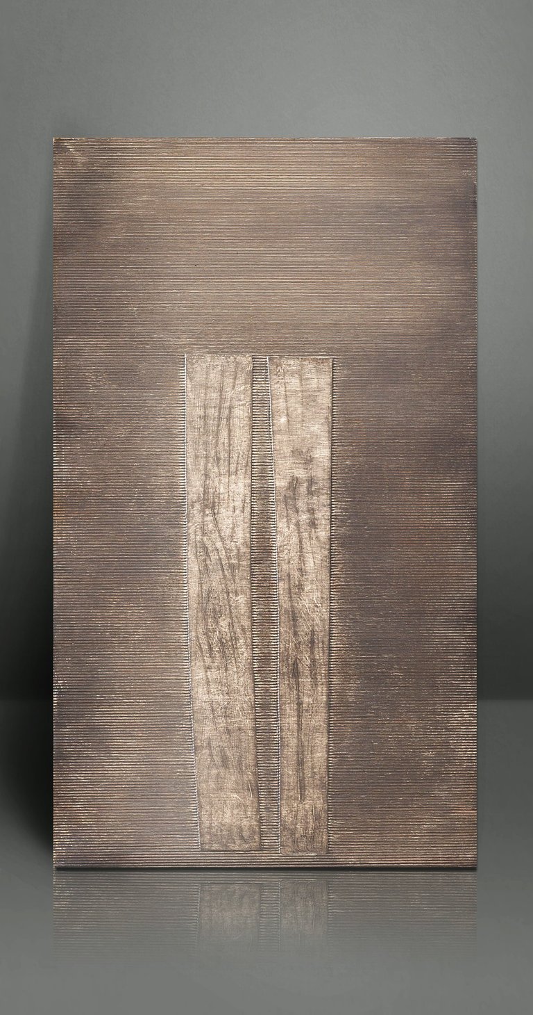 Textured bronze abstract wall art with vertical gold leaf accents on a ribbed metallic canvas.