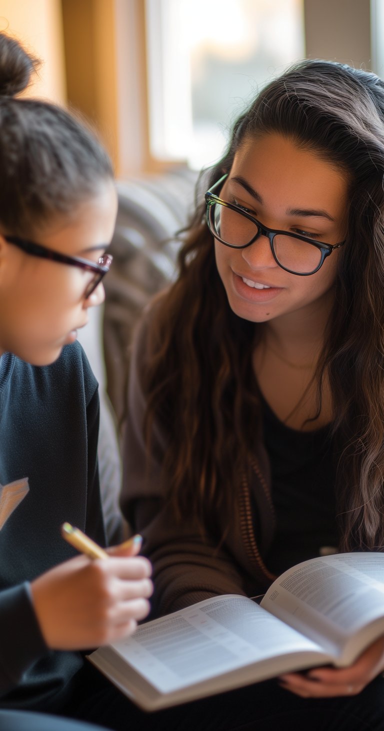 a tutor sitting on a couch with a young girl