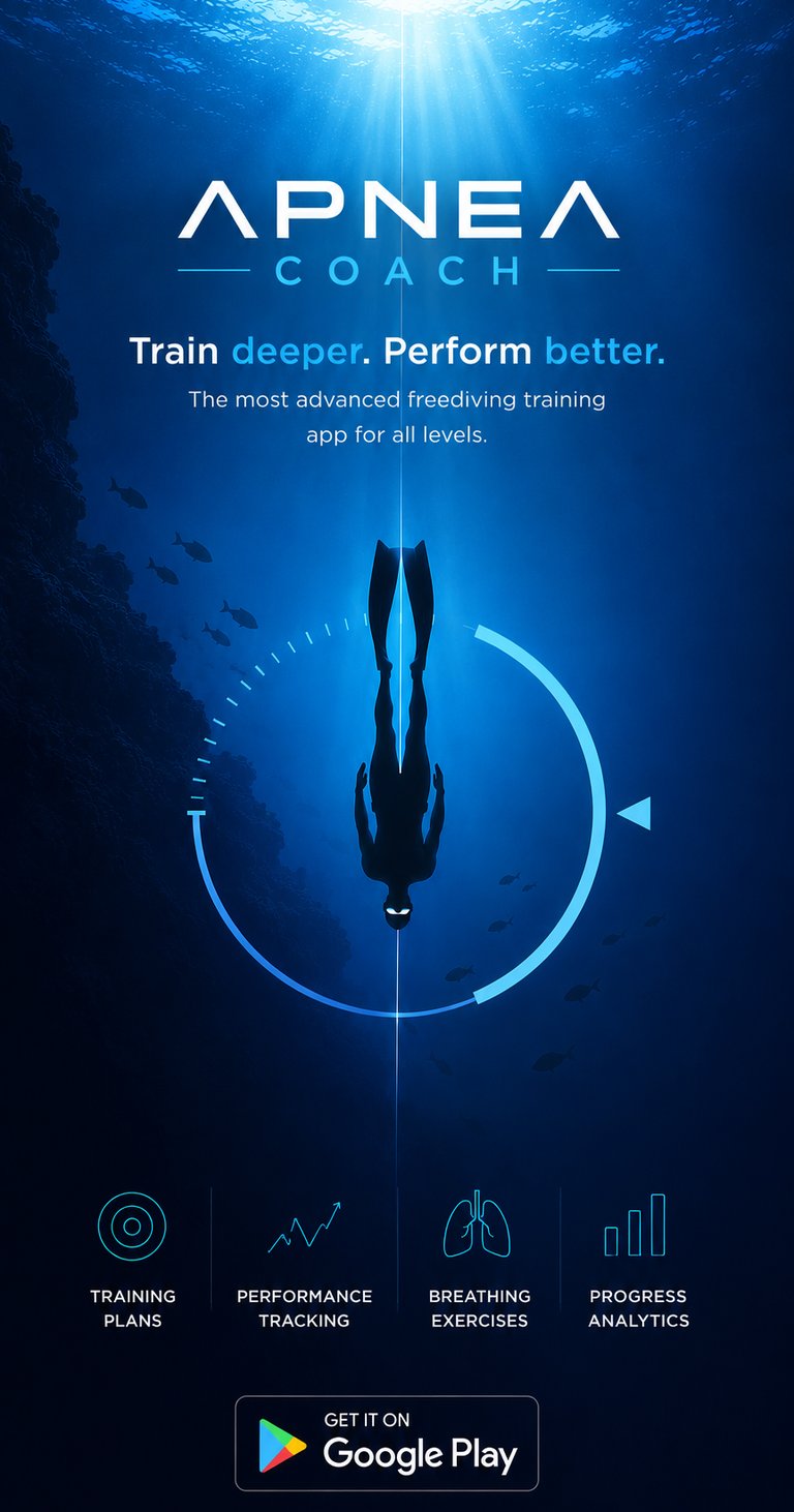 Apnea Coach freediving training app interface featuring a diver silhouette and breathing exercise tracking.