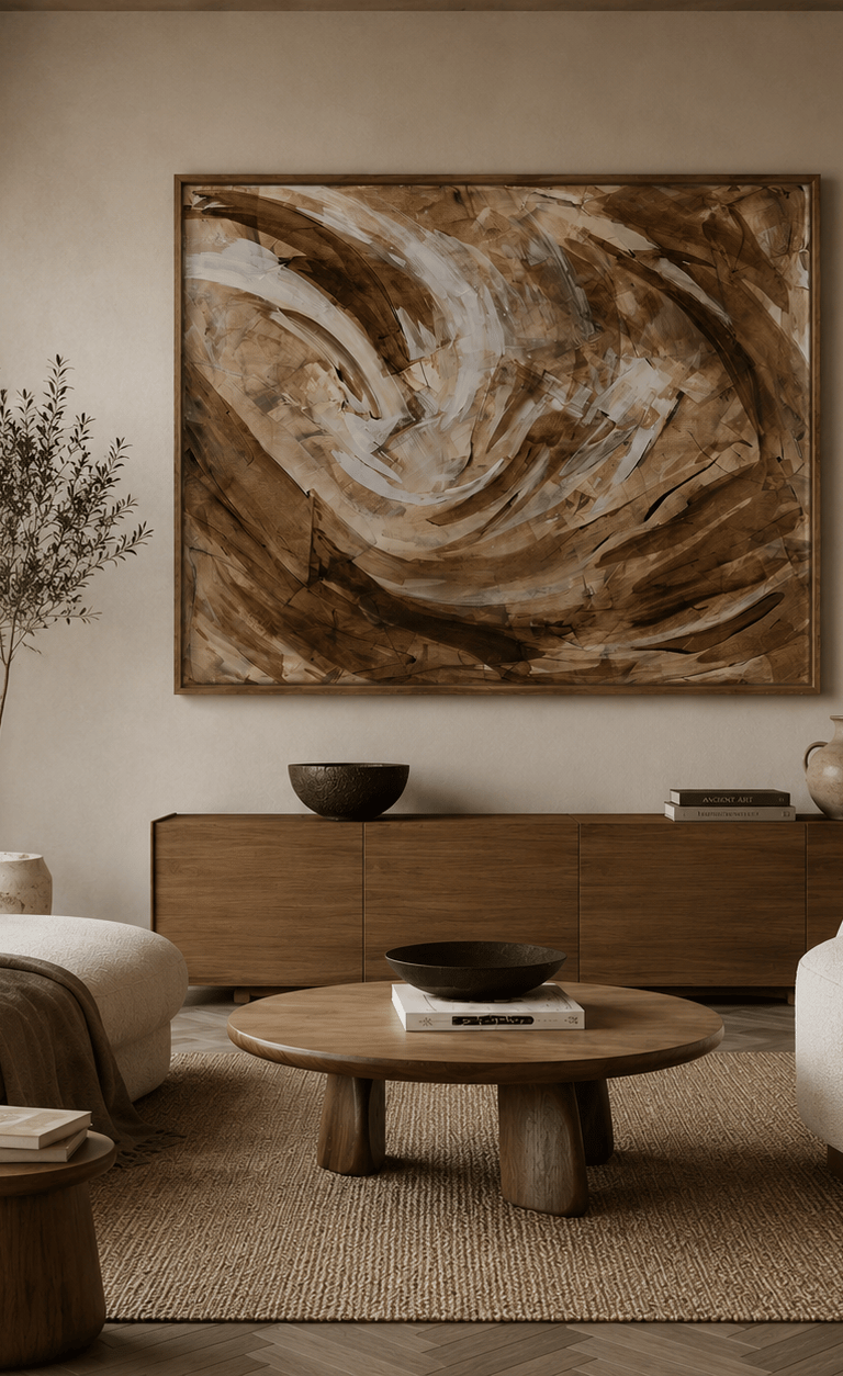 Modern living room featuring a large abstract wall painting, wooden sideboard, and cream-colored boucle chairs.