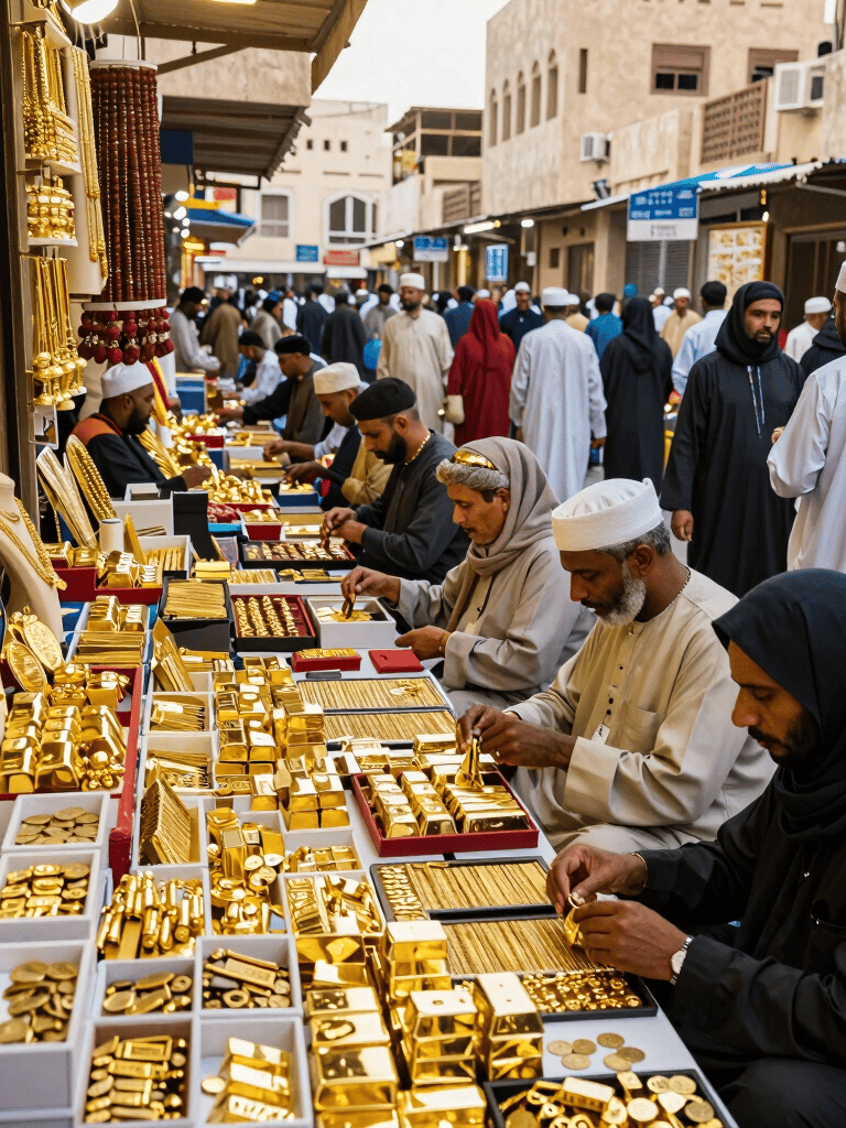 Jewelers showcasing gold bars and jewelry at a traditional Middle Eastern gold souk market.