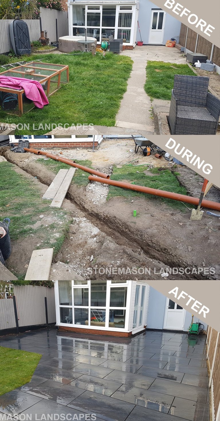 Before During & After Underground Drainage Pipes Dark Grey Porcelain Paving Patio & Lawn