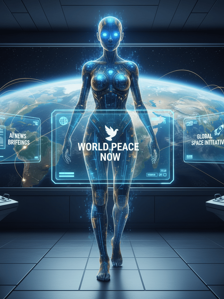 Female AI agent glowing with blue light, embodying integrity, purpose, & awareness — best AI course.