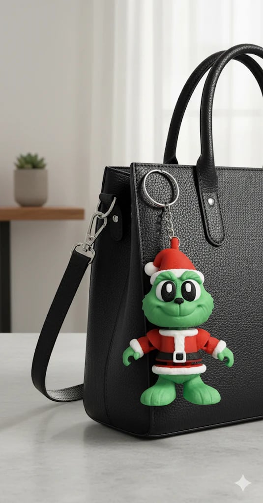 Grinch keychain with articulated arms, hands, head, body and legs