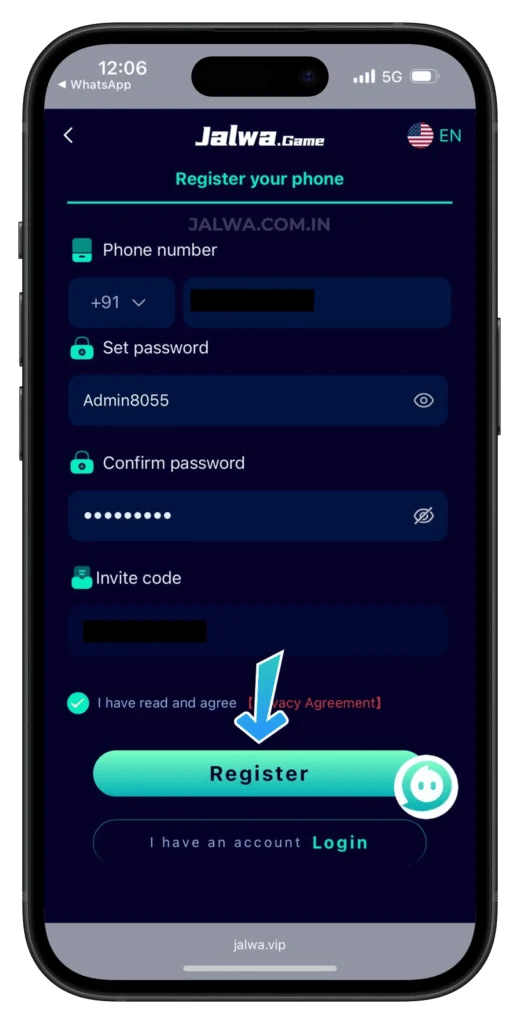 Jalwa Game registration page with fields for phone number, password, and invite code.
