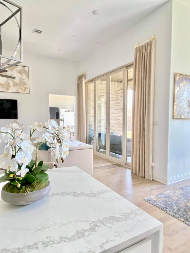 Custom French Pleated Gold Drapery Panels on custom Rectangle Acrylic Hardware Trend Fabric