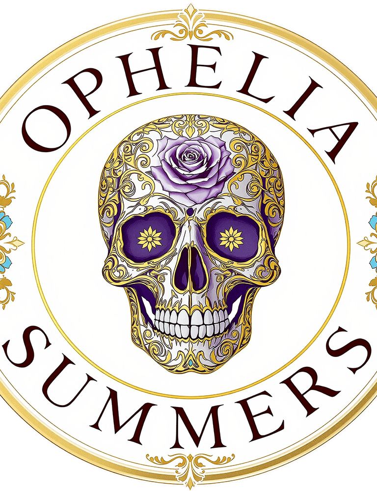 Ophelia Summers circular logo with decorative purple and gold skull, rose, and ornate border