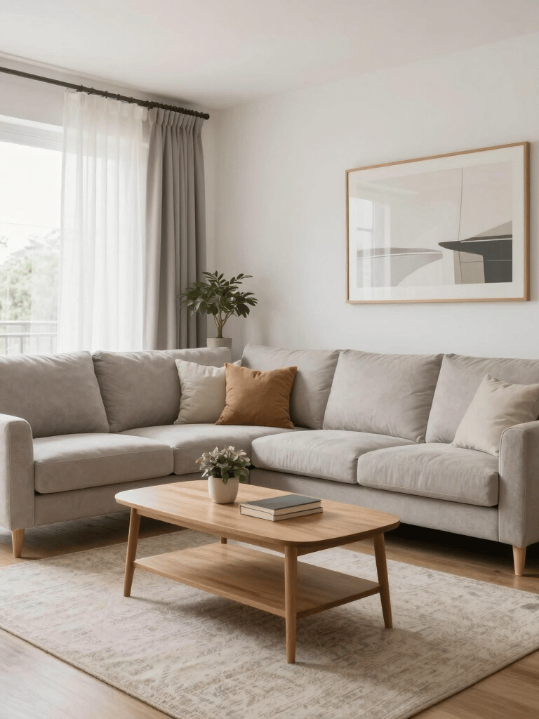 Salón moderno y luminoso con sofá esquinero gris, mesa de centro de madera y decoración minimalista.