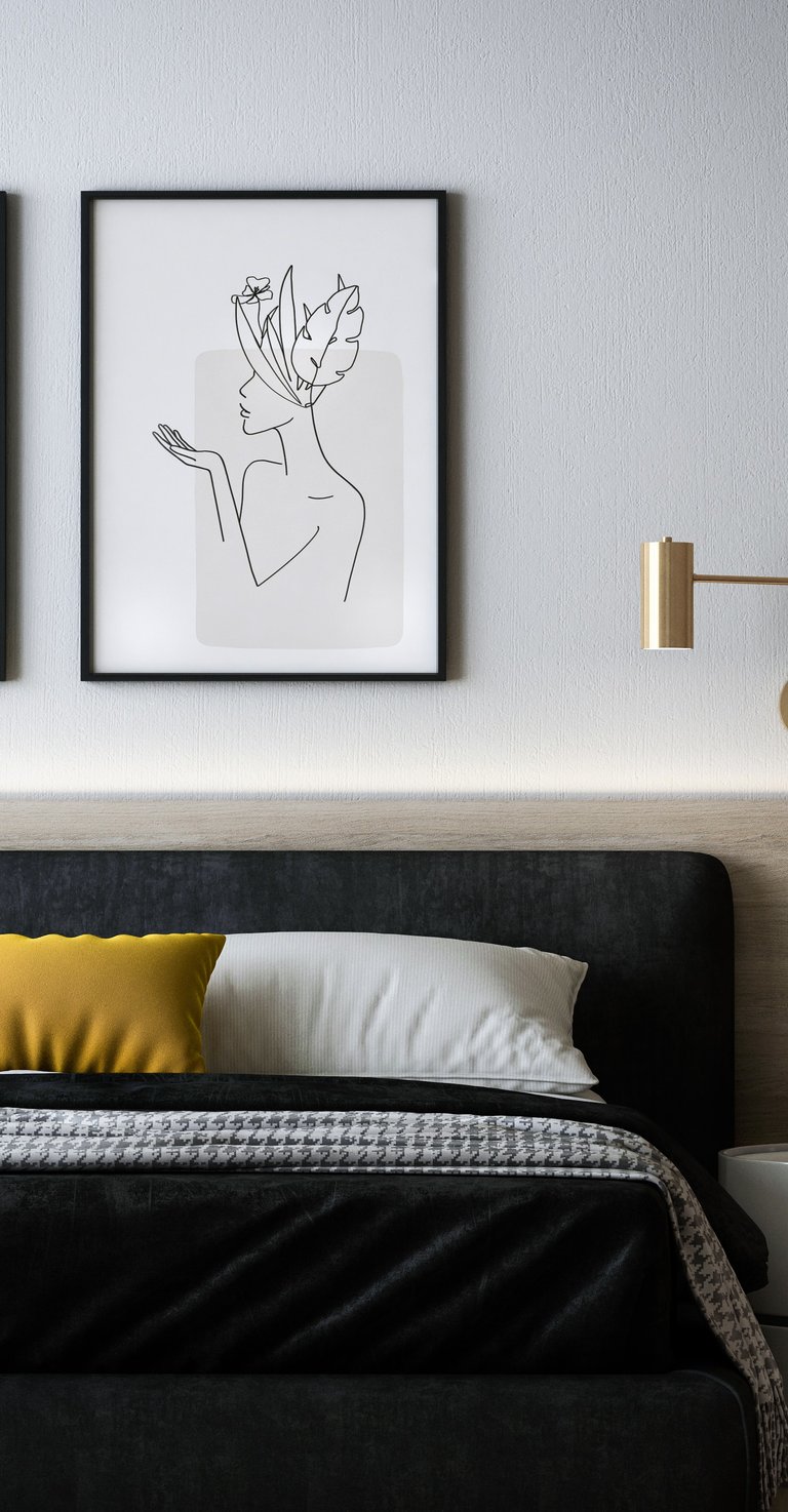Dormitorio moderno y elegante con cama doble oscura, cojín amarillo y cuadro minimalista de arte lin