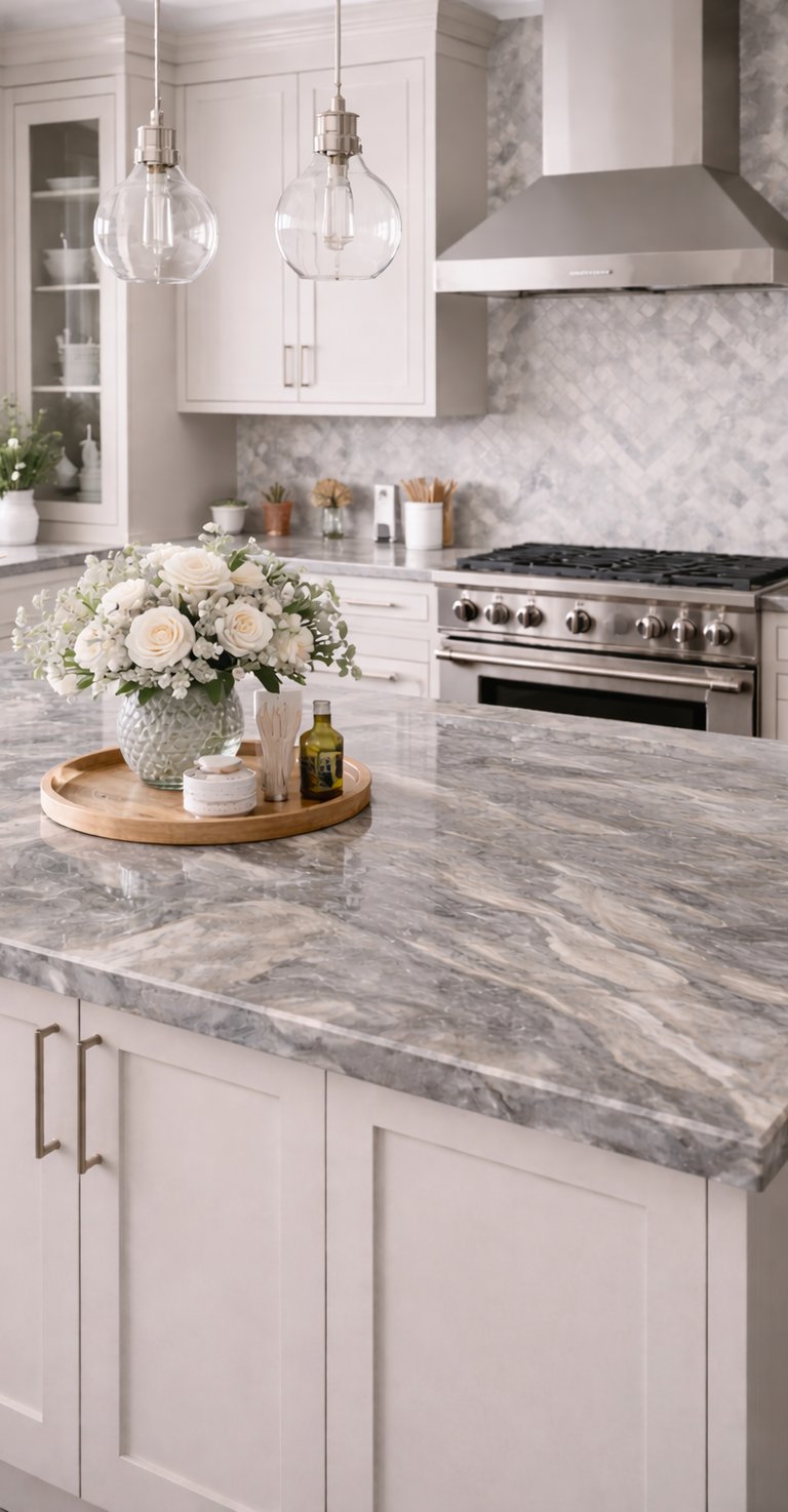 Custom epoxy kitchen island countertop with grey swirl finish