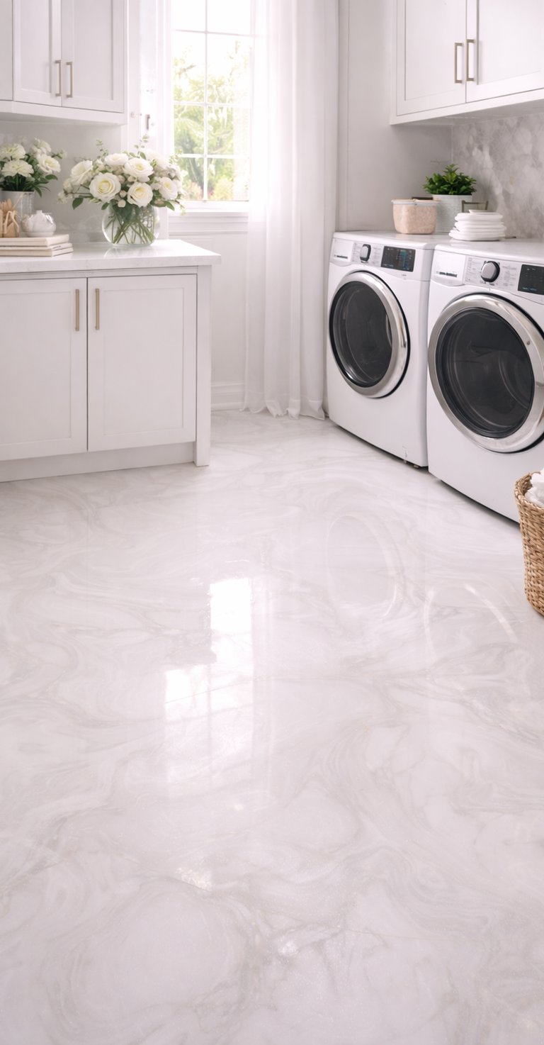 Custom epoxy laundry room floor with subtle swirl pattern