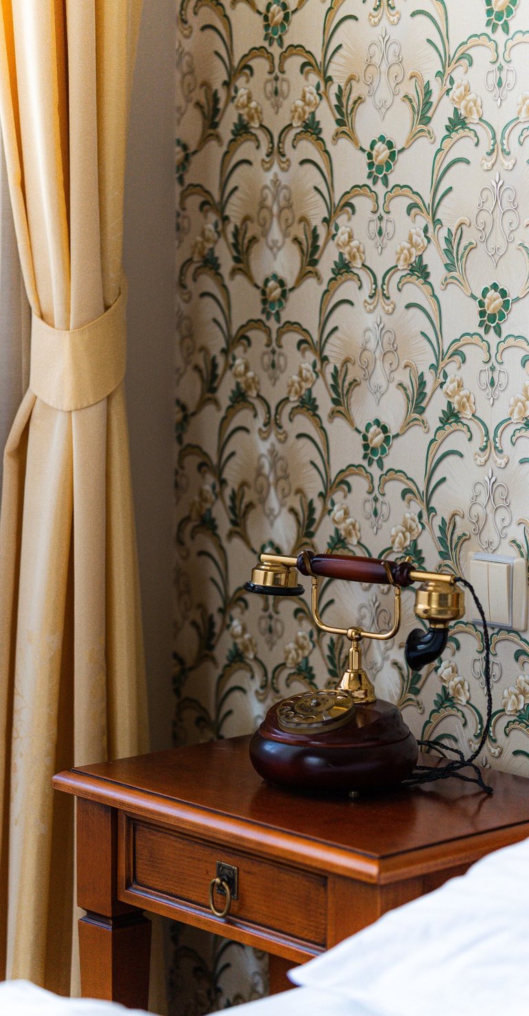 Vintage rotary phone on a wooden nightstand next to floral wallpaper and yellow curtains.