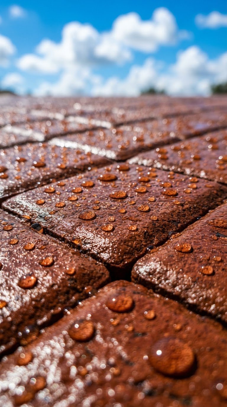 Close-up of water beading on freshly sealed, rich-colored brick pavers under bright Florida sunlight, sharp focus, high-contrast, vivid blue skies, 35mm