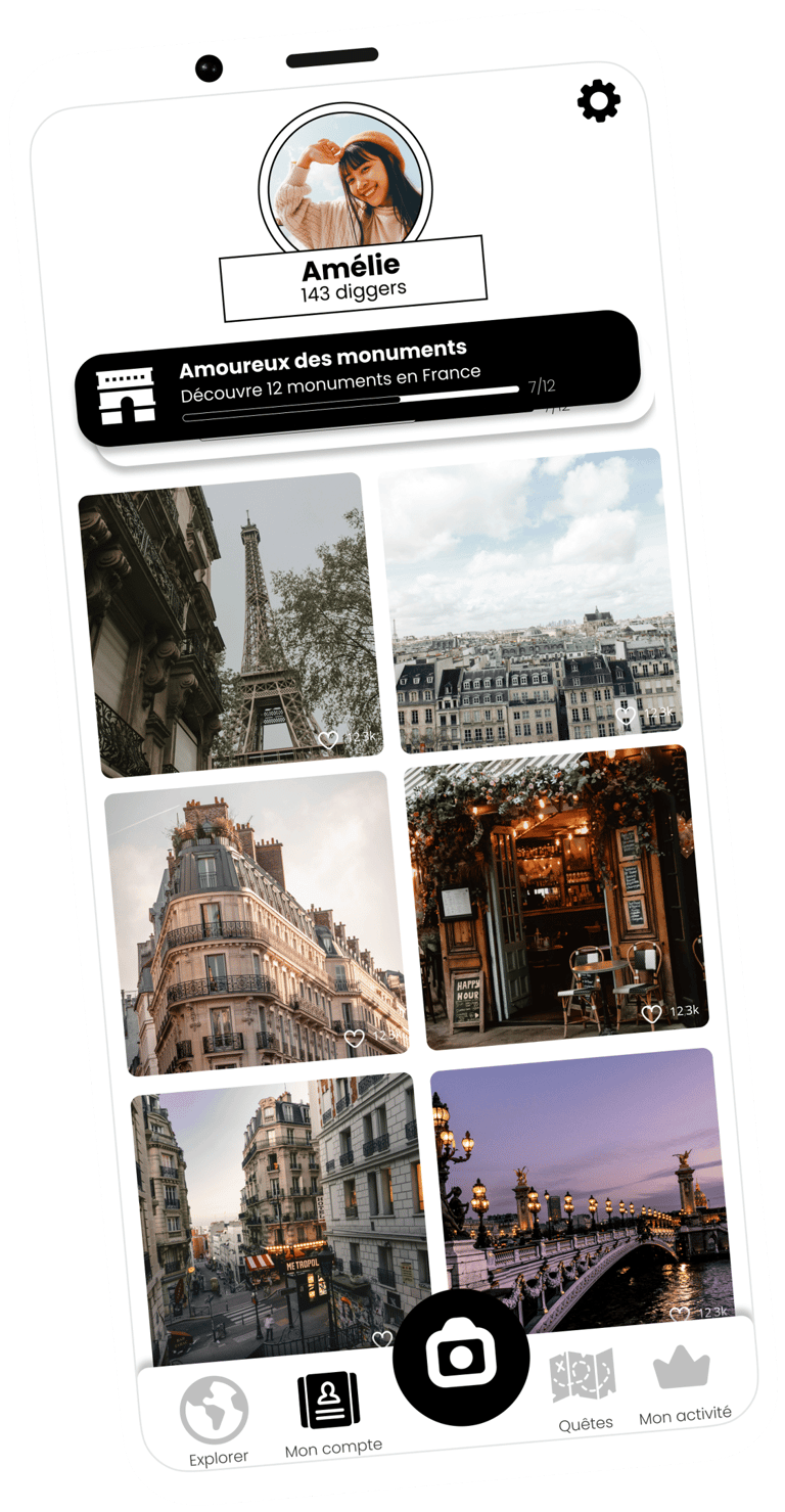 Capture d'écran de l'application Diggers montrant le mur d'un utilisateurs avec des photographies de Paris