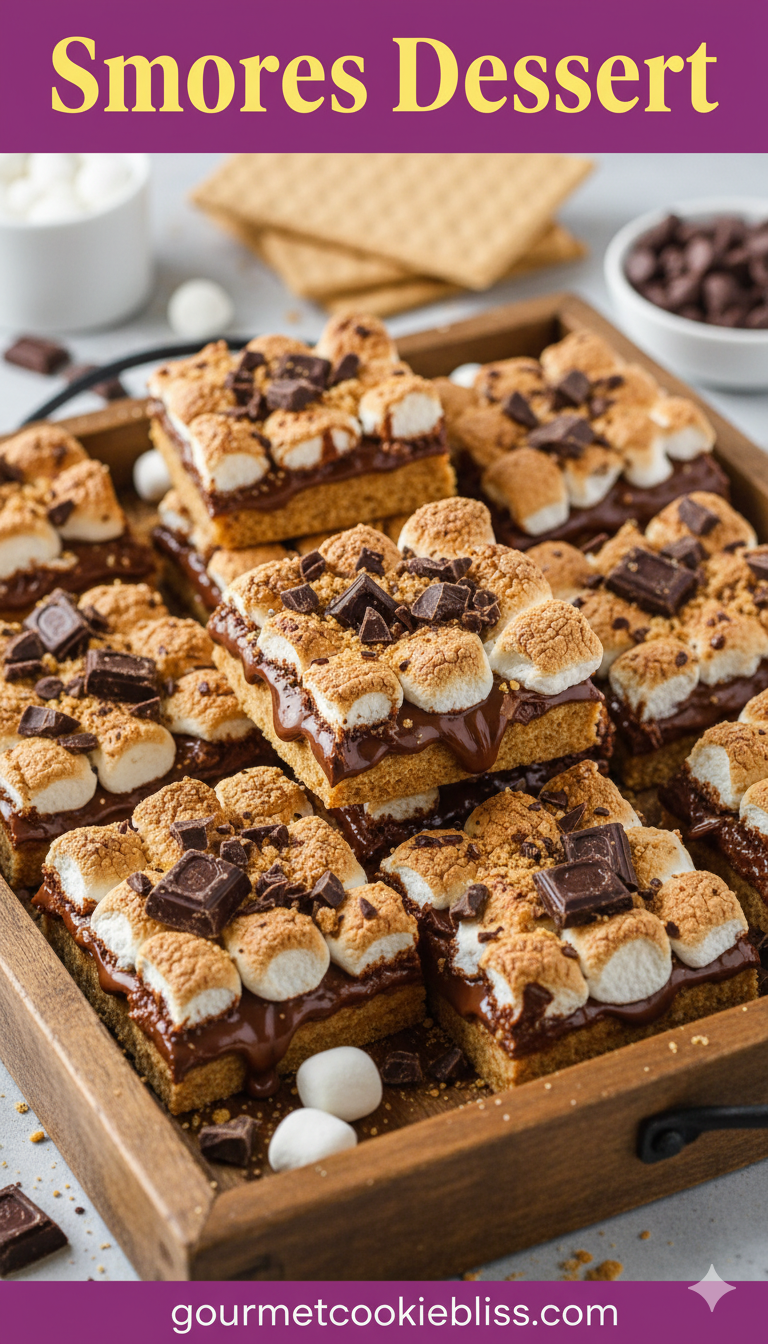 This pin shows a wooden tray laden with perfectly cut s'mores bars, each one topped with abundant c