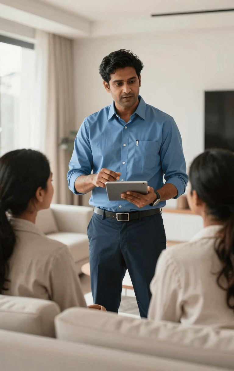 Photography of a professional South Asian property manager talking to a couple in a modern, sun-drenched Indian living room. The manager is holding a tablet, explaining the rental process. The atmosphere is professional and supportive, featuring a color palette of off-white and medium blue.