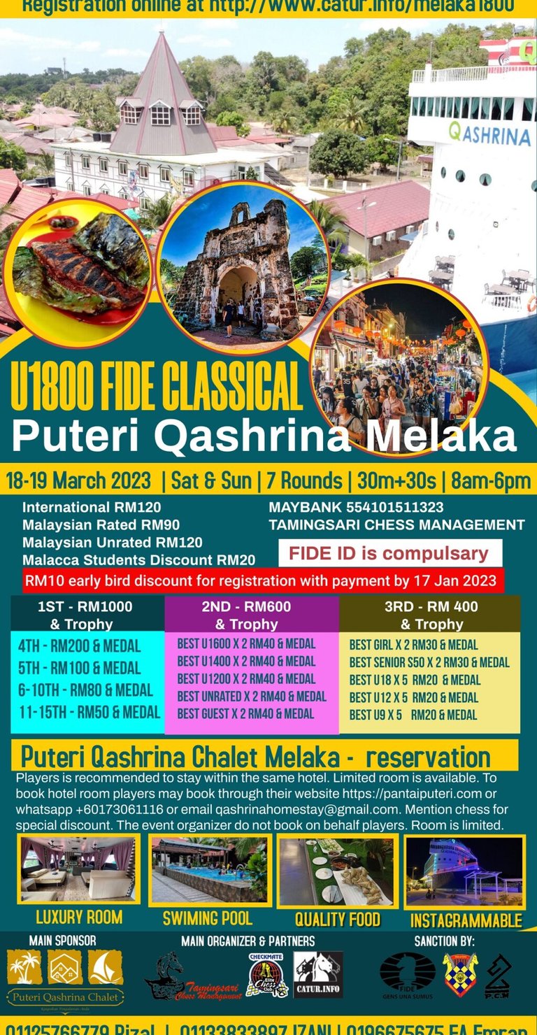 Puteri Qashrina Chalet Melaka U1800 FIDE Classical. Malaysia Chess. Catur Malaysia. 