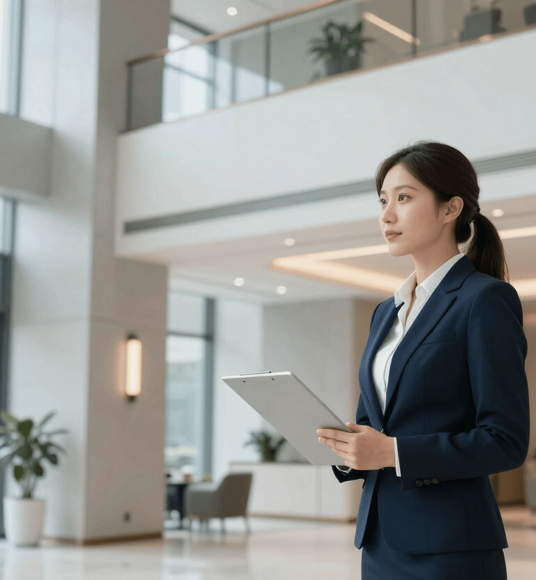 A professional real estate manager inspecting the modern, high-end lobby of a North American / US apartment building, bright natural lighting, professional attire, clean architectural lines with soft steel blue and mist grey accents.