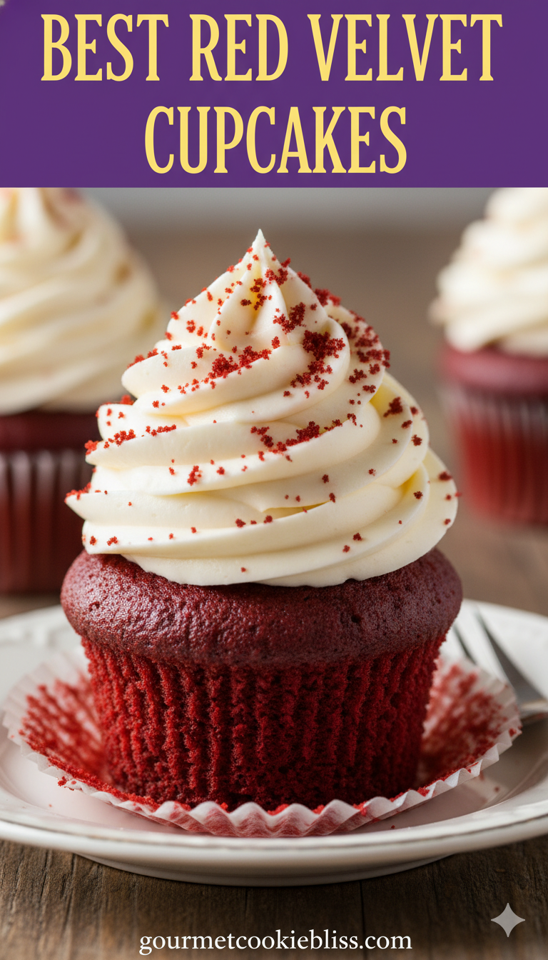A close-up, mouth-watering shot of a single bright red velvet cupcake, perfectly crowned.
