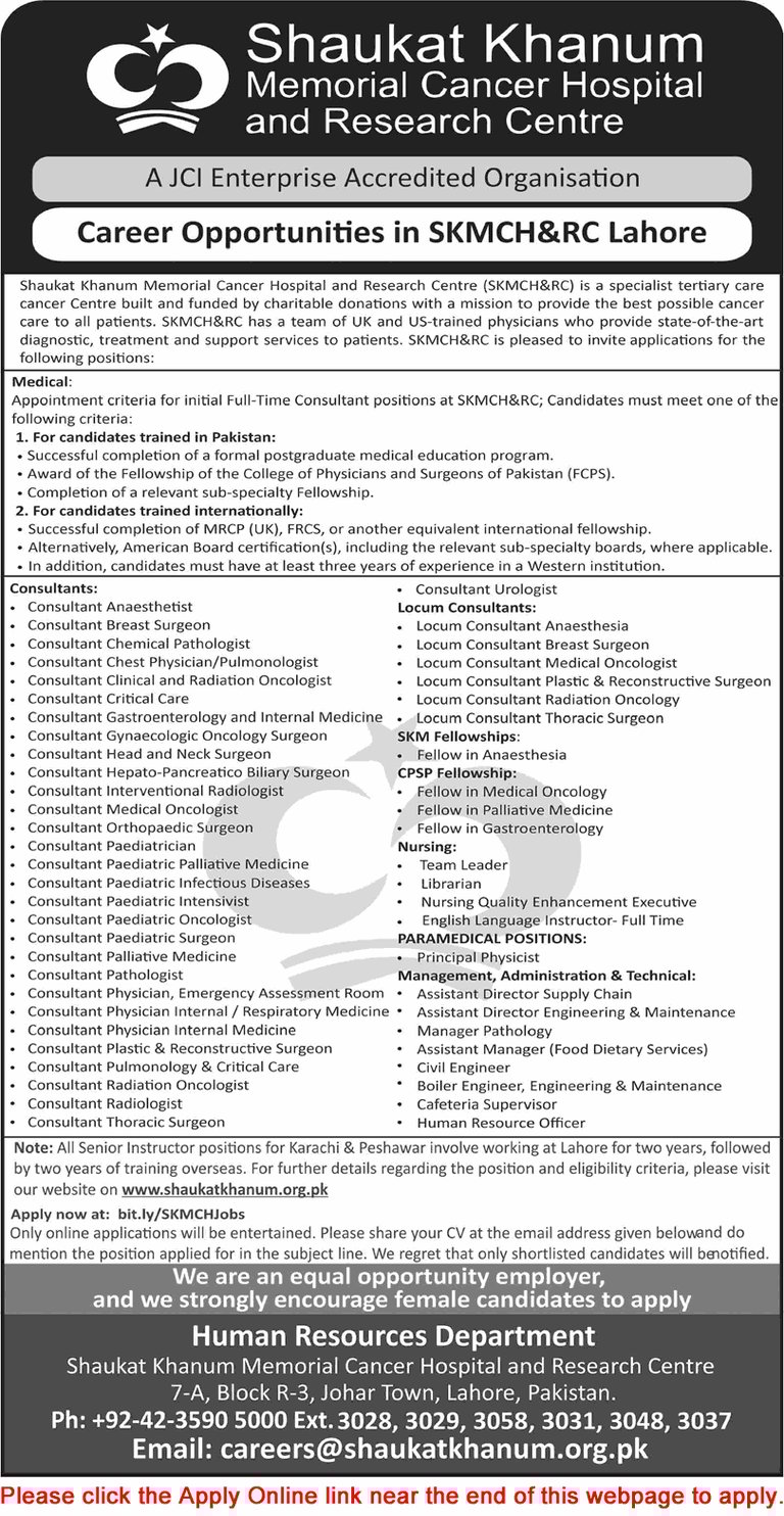 Shaukat Khanum Hospital Lahore Jobs April 2026 Apply Online Medical Consultants Nursing Staff SKMCHRC Careers Pakistan