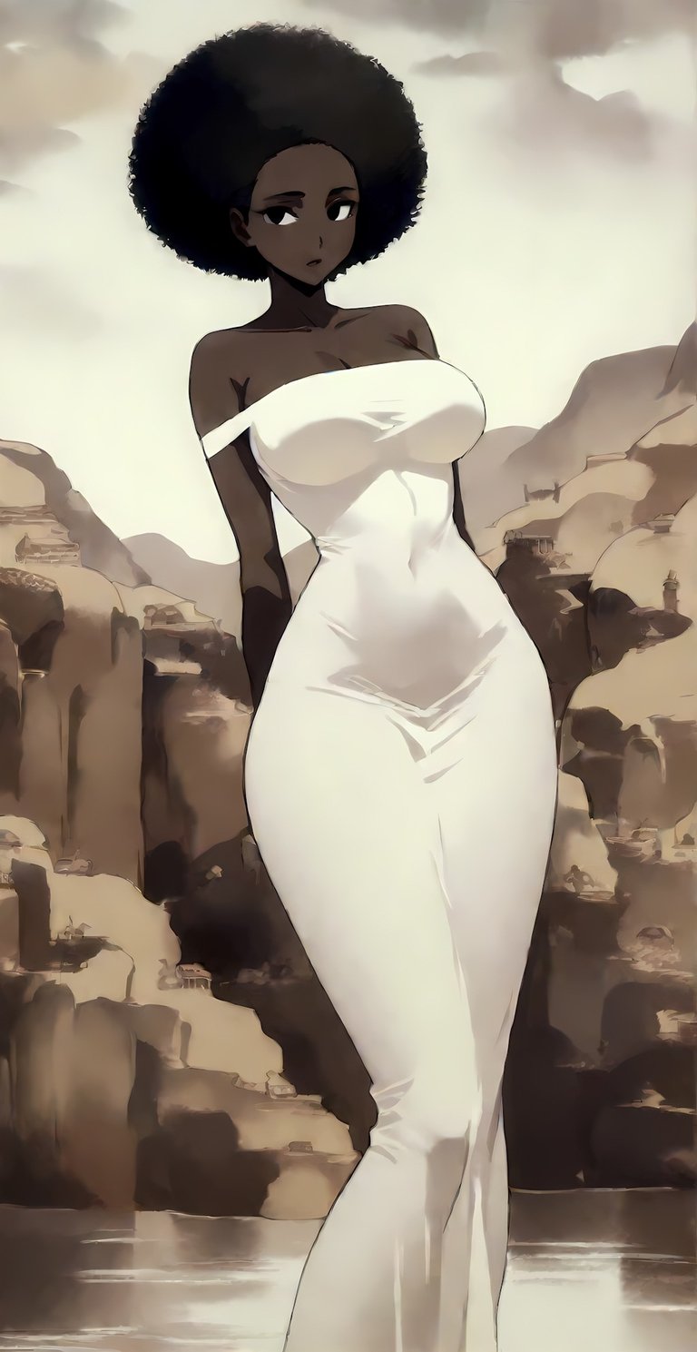 African anime girl with black afro hair, black eyes, and a long white dress – SimcaArt gallery full-size.