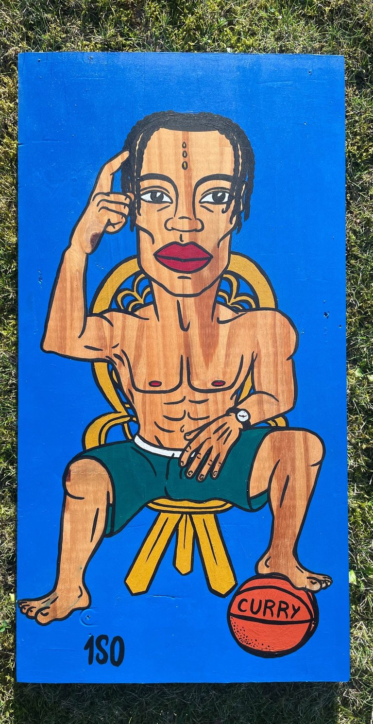 Peinture acrylique sur bois de récupération - Caricature pour cadeau d'anniversaire d'un basketteur