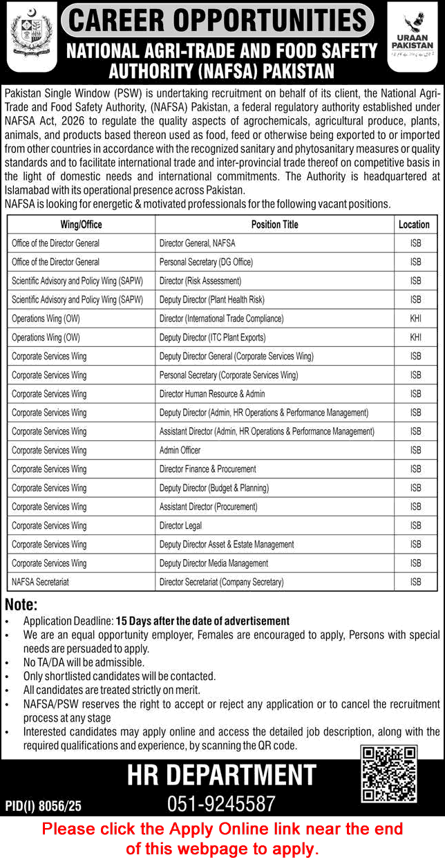 National Agri Trade and Food Safety Authority Islamabad Jobs 2026 advertisement