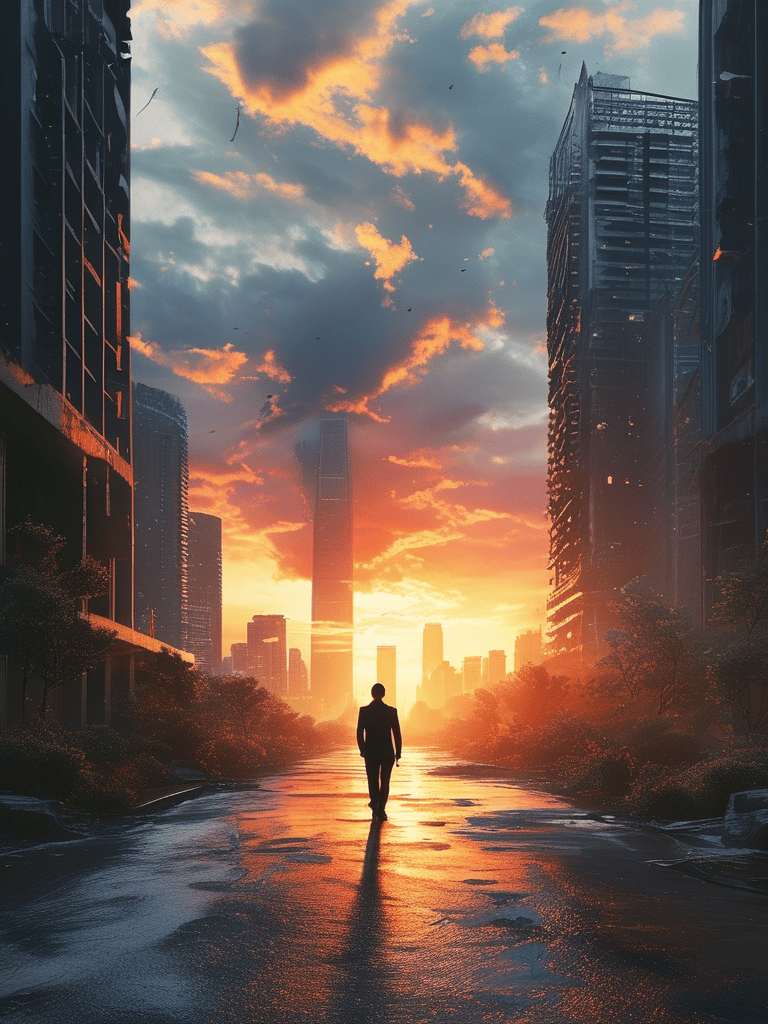 a man walking down a street in a city