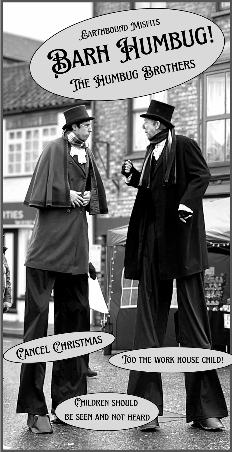 Black and white photo of Victorian stilt walkers performing as Scrooge-style characters for a Christmas event.