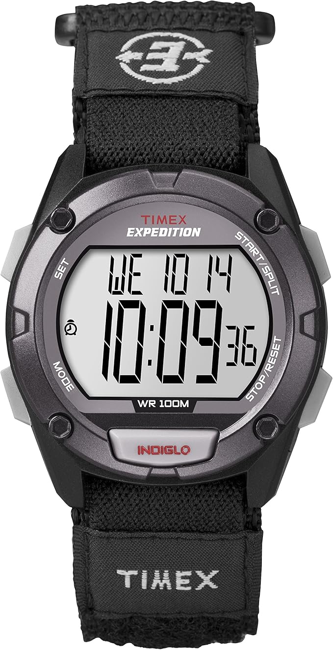 Timex Expedition digital sports watch with black nylon strap and Indiglo night-light display.