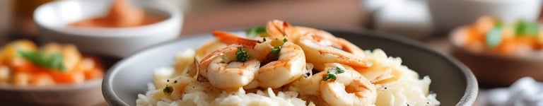 um prato com arroz e molho de camarão com tilápia