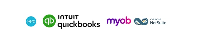 Logos for Xero, Intuit QuickBooks, MYOB, and Oracle NetSuite.