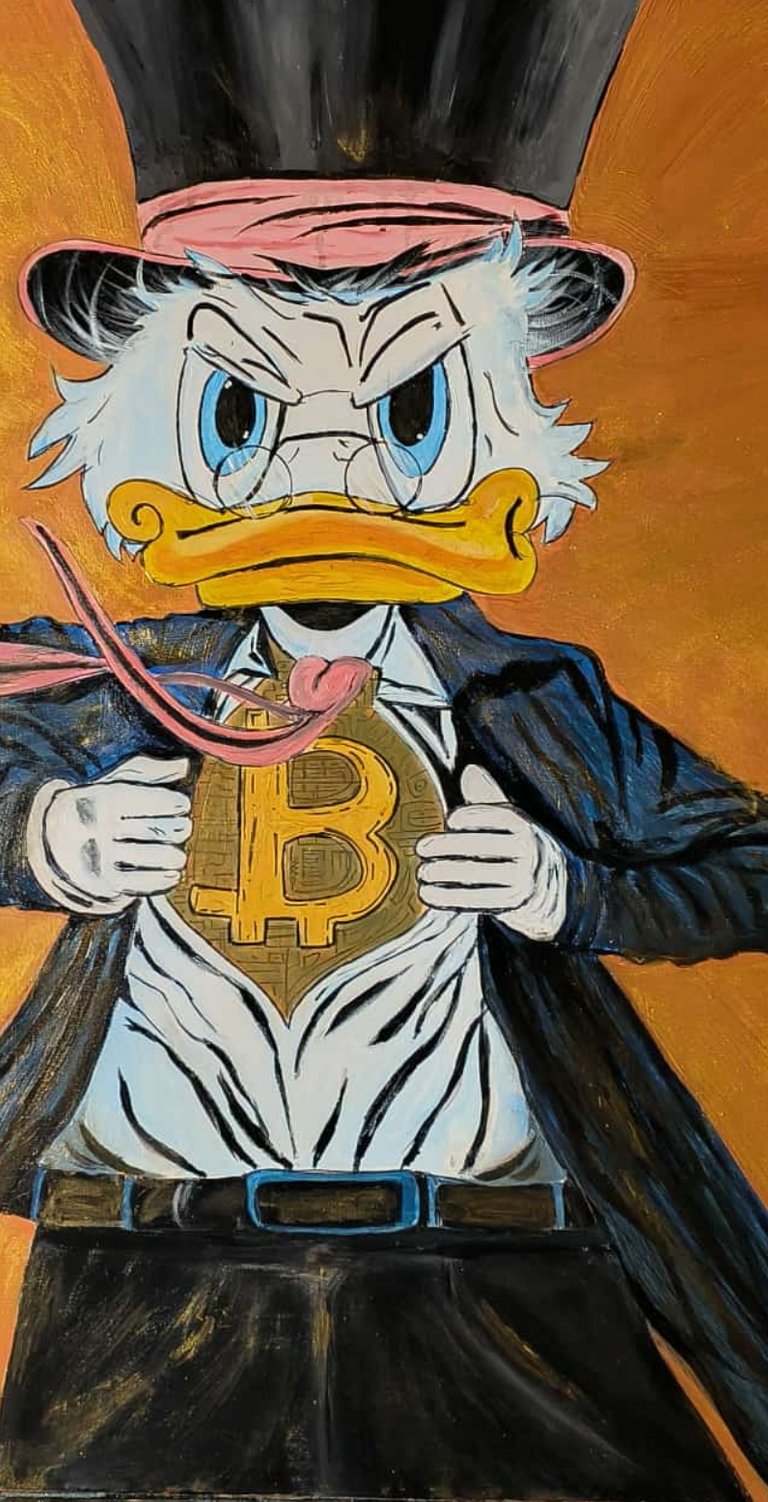 Pintura acrílica del Tío Gilito con Súper Bitcoin. Un guiño a la nueva moneda