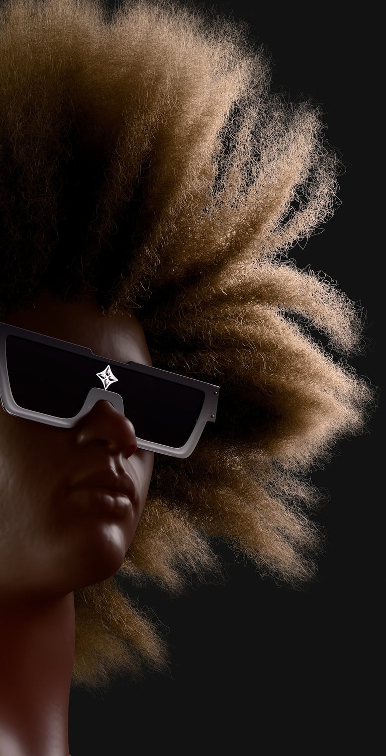 A 3D rendering of an African-American model with sunglasses and frizzy afro