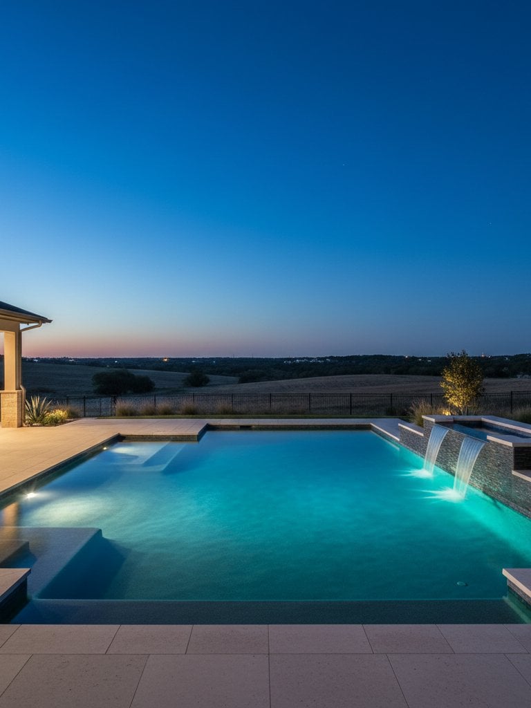 Well-lit backyard swimming pool at night with working pool lights creating a safe, inviting evening swimming environment