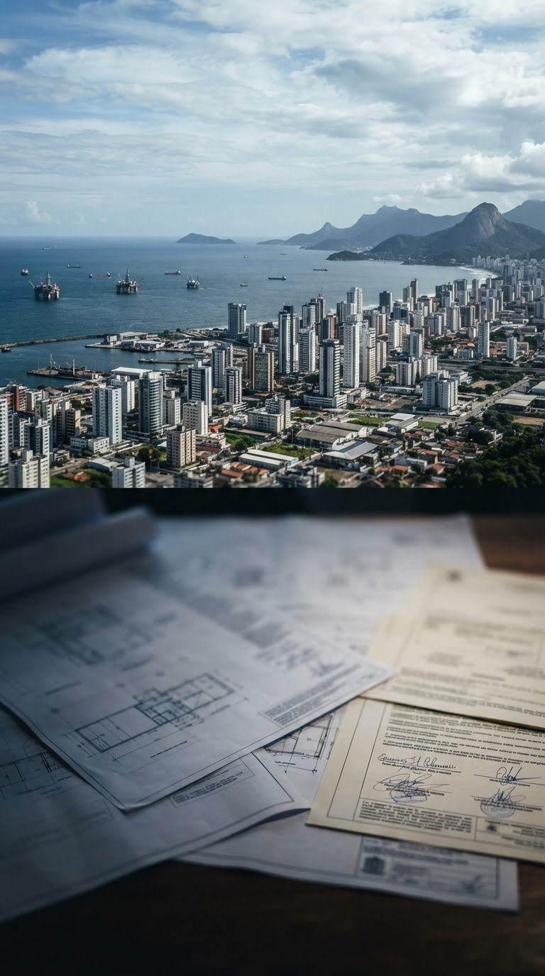 Wide panoramic shot of a modern city skyline in Macaé, Rio de Janeiro, with a blurred foreground showing a detailed blueprint overlaid with legal documents, high-contrast cool daylight, deep navy and graphite tones, sharp focus, 35mm lens.