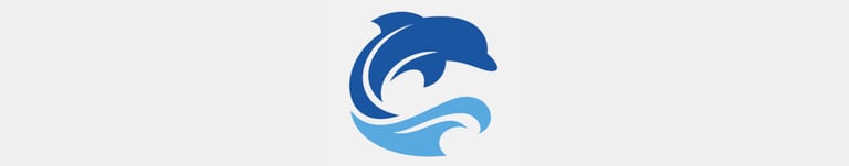 A minimalist blue dolphin logo jumping over ocean waves.