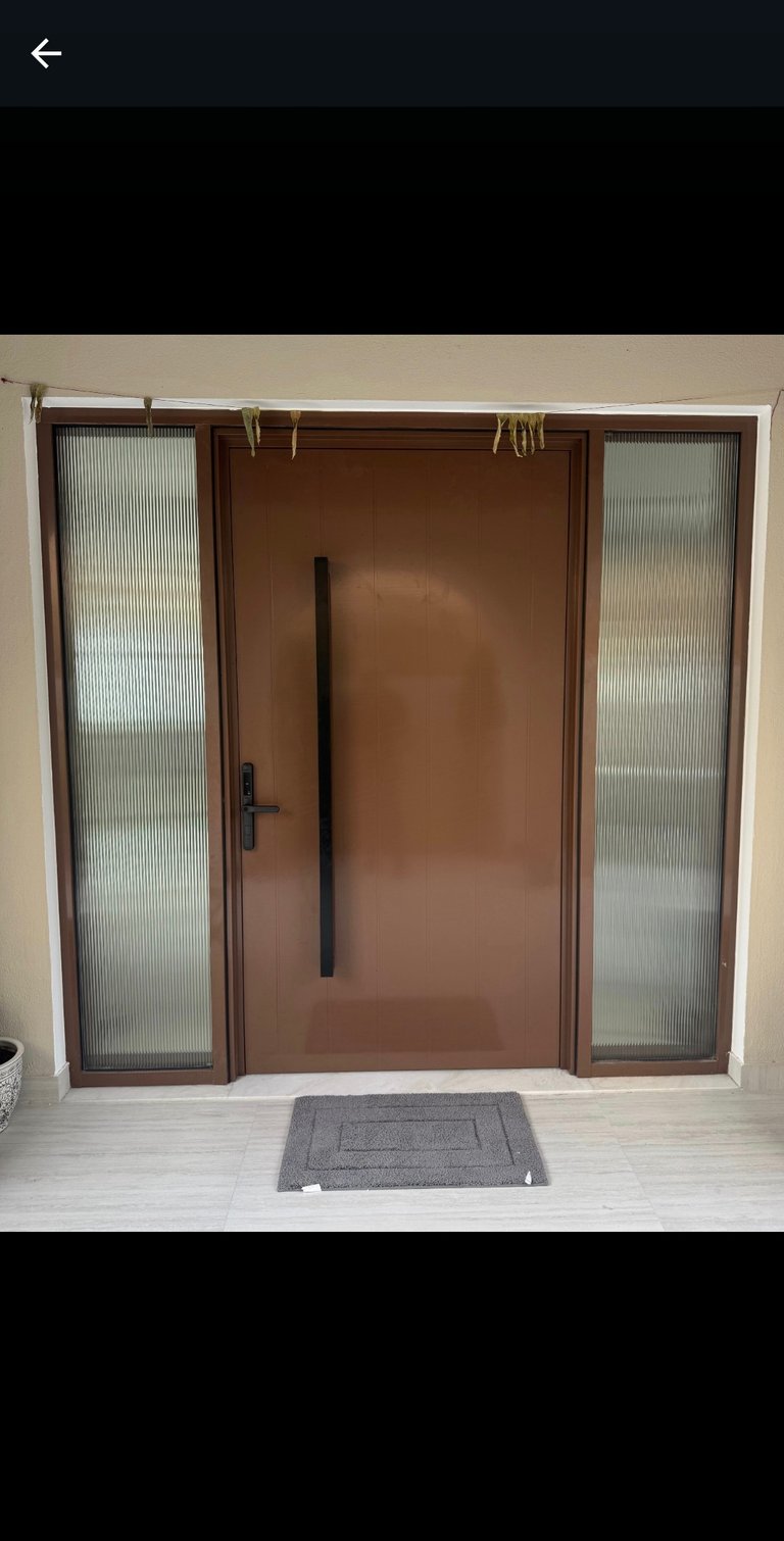 Modern brown main entrance door with fluted glass sidelites and black pull handle for luxury villa.