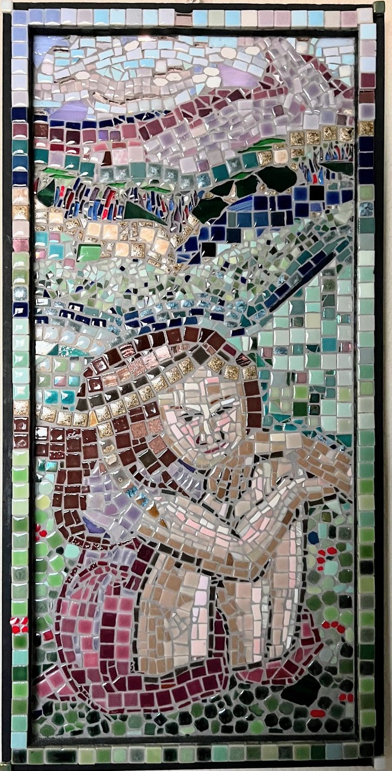 Abstract mosaic featuring a rhytmic assembly of cool-toned fragments in a meditative pattern.
