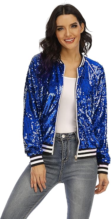 Women's sequin bomber jacket with a front zipper, ribbed cuffs, and hem—ideal for parties, concerts
