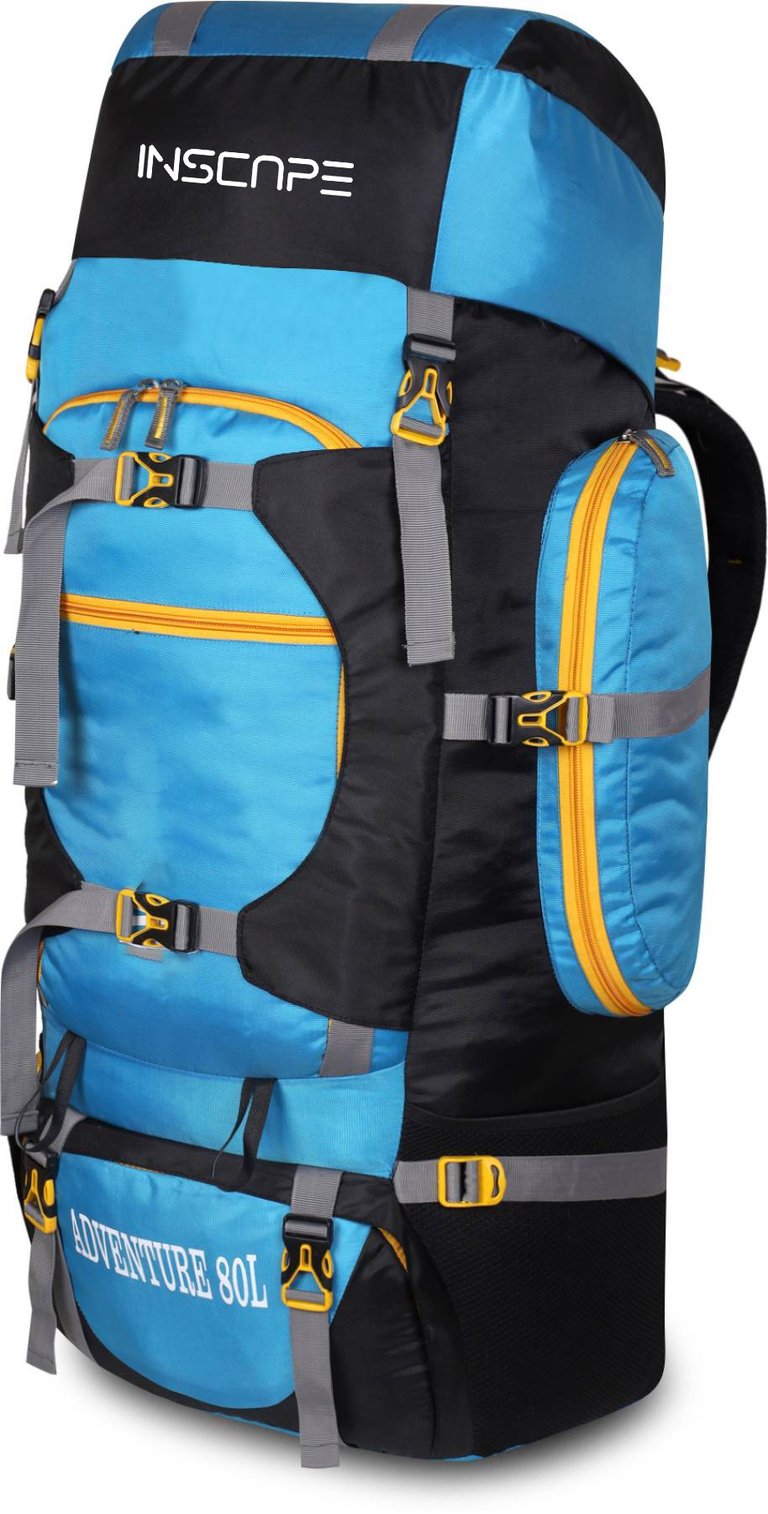 hiking bag with light blue and black color with yellow zippers and multiple pockets