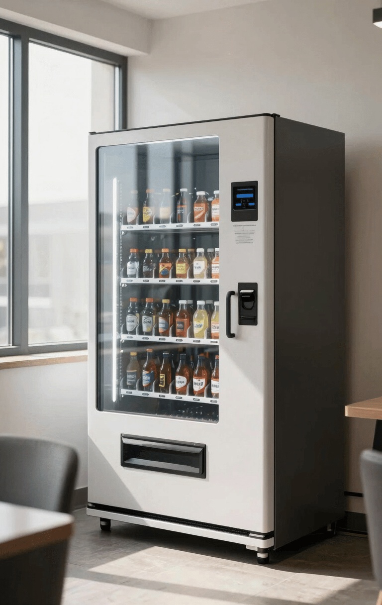 Sleek, modern glass-front vending machine integrated into a bright, contemporary Indian corporate breakroom, natural sunlight from a large window, clean professional setting